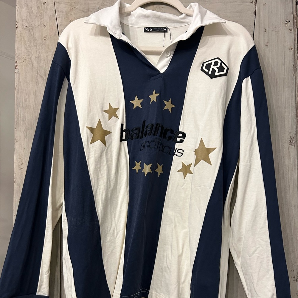Zara Soccer Navy and White Striped Long Sleeve Shirt Medium